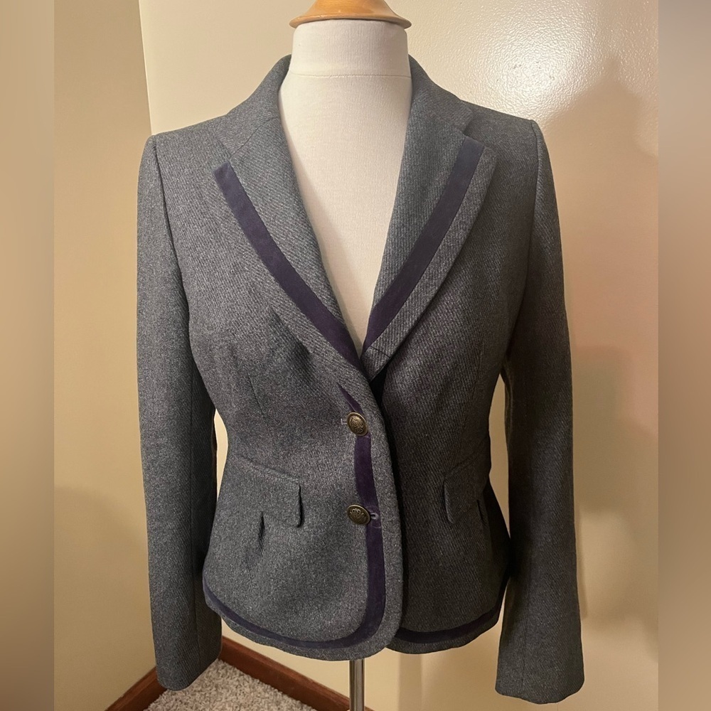 Ann Taylor Loft Wool Blend Blazer Gray With Navy Trim